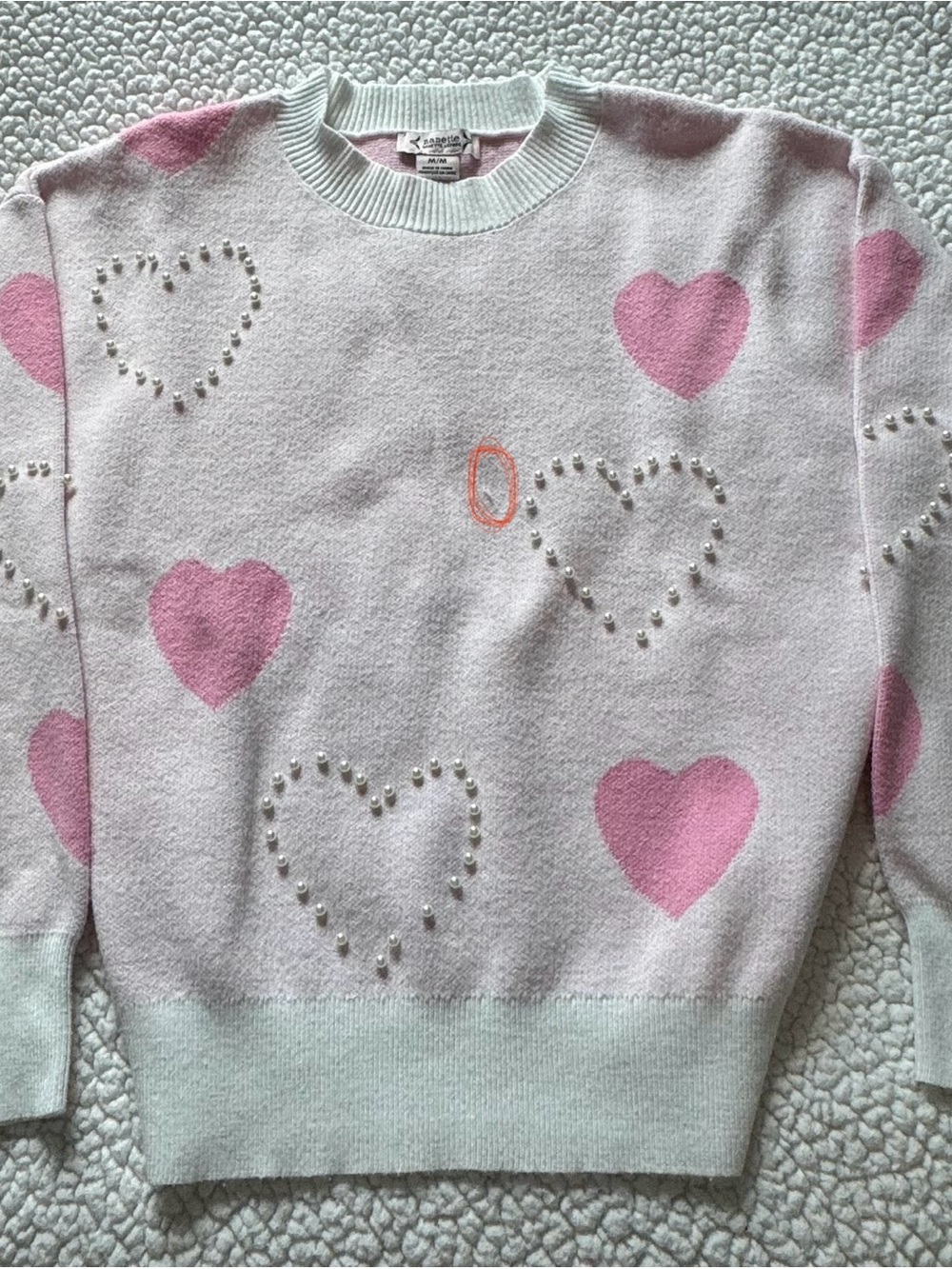 Nanette Lepore Light Pink Heart Crewneck Sweater with Pearl Accents